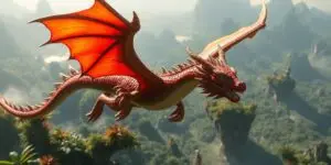 Ein leuchtender Drache über einer fantastischen Landschaft.
