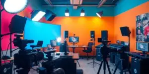 Kreatives Videostudio mit Kamera und Lichtsetup